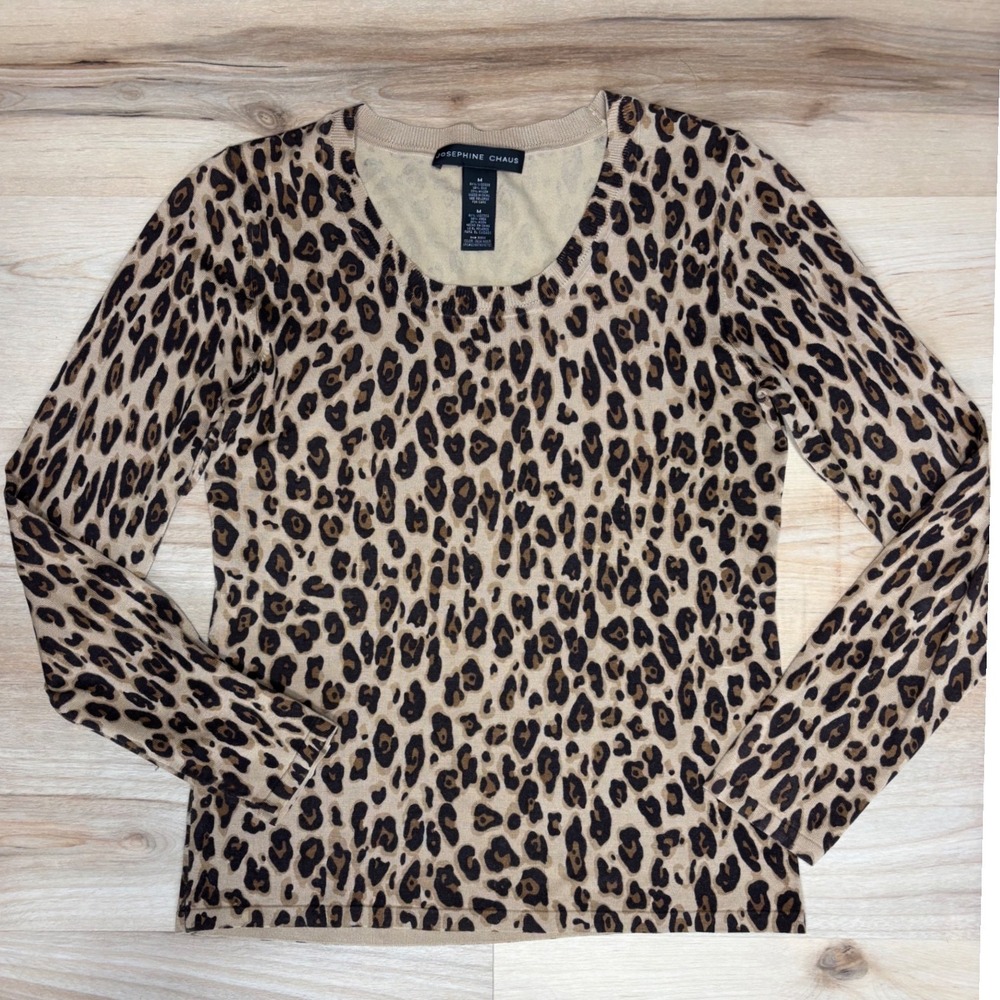 Josephine Chaus Womens Leopard Print Silk Blend Long Sleeve Sweater Java Multi M - Picture 2 of 9